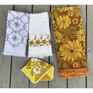 VTG 70s Floral Bath Towel Set Cannon Fieldcrest Dundee USA Cotton Fringe MCM